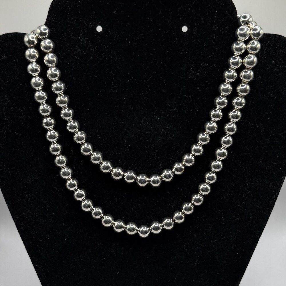 925 Sterling Silver Ball Bead Double Strand Necklace 15" 46g